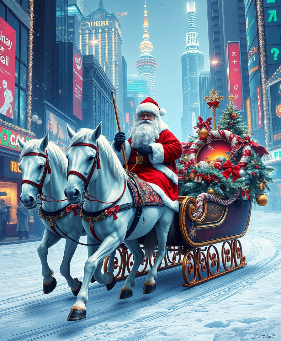 Russian Snow Grandfather rides a festive sleigh, pulled by three white horses through a futuristic cyberpunk city decorated with Christmas lights.