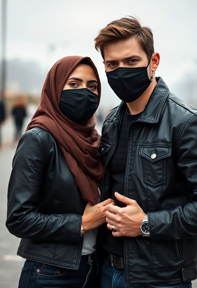 Jamie Dornan, handsome, black face mask, black leather jacket, jeans, dating, love couple with the biggest hijab Muslim girl, beautiful eyes, black face mask, jeans jacket, wedding rings, gloomy scenery, realistic, street photography. - Image