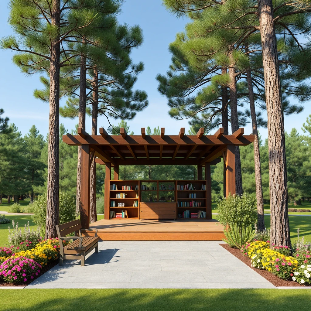 "Please create an image that harmonizes with a small pergola library under a pine forest along with flowering plants. 

Under the pine forest, several pine trees are planted, and it should depict the scene of the pergola library along with a bench beside it. Additionally, there should be a stage integrated with the pergola library where people can be seen hosting events. 

The stage is smaller than expected, integrated with the pergola, and the scene should include chairs for people to sit on, benches, as well as books displayed like in a library."