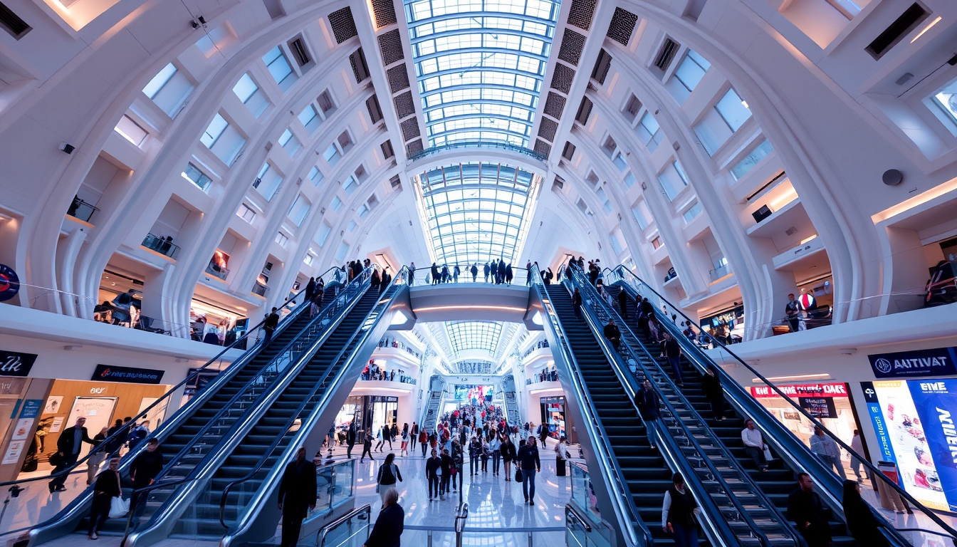 A futuristic shopping mall with glass ceilings and escalators, filled with shoppers.