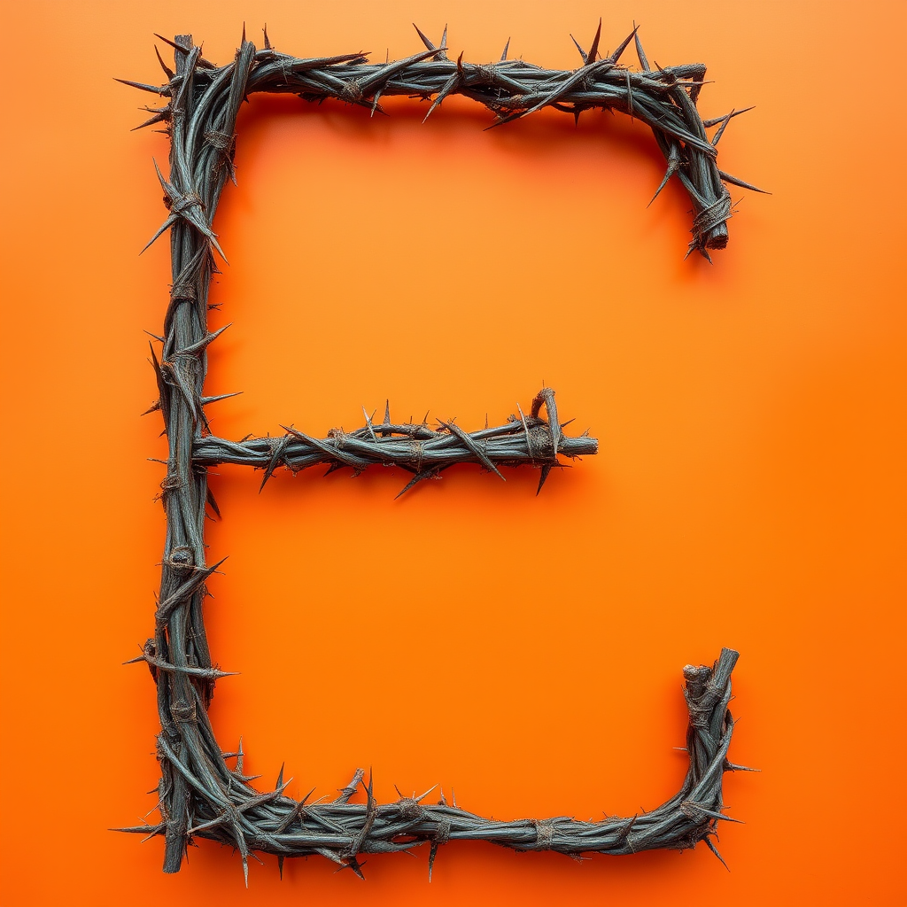 A big letter "E" made of thorns on an orange background, realistic photograph. - Image