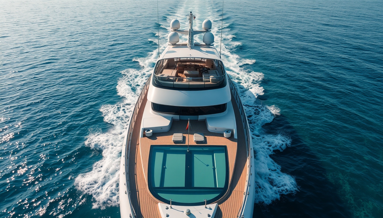 A luxurious yacht with a glass deck, cruising through crystal-clear waters.