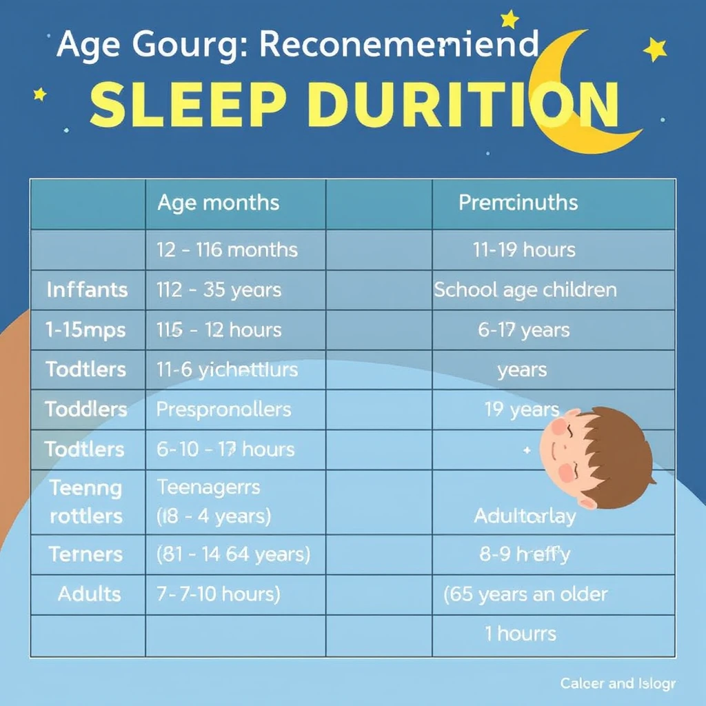 Age Group     Recommended Sleep Duration
Infants (3-11 months)       12 - 16 hours
Toddlers (12 - 35 months)   11 - 14 hours
Preschoolers (3 - 6 years)  10 - 13 hours
School-age children (6 - 10 years)  9 - 12 hours
Teenagers (11 - 18 years)   8 - 10 hours
Adults (18 - 64 years)      7 - 9 hours
Elderly (65 years and older)  7 - 8 hours