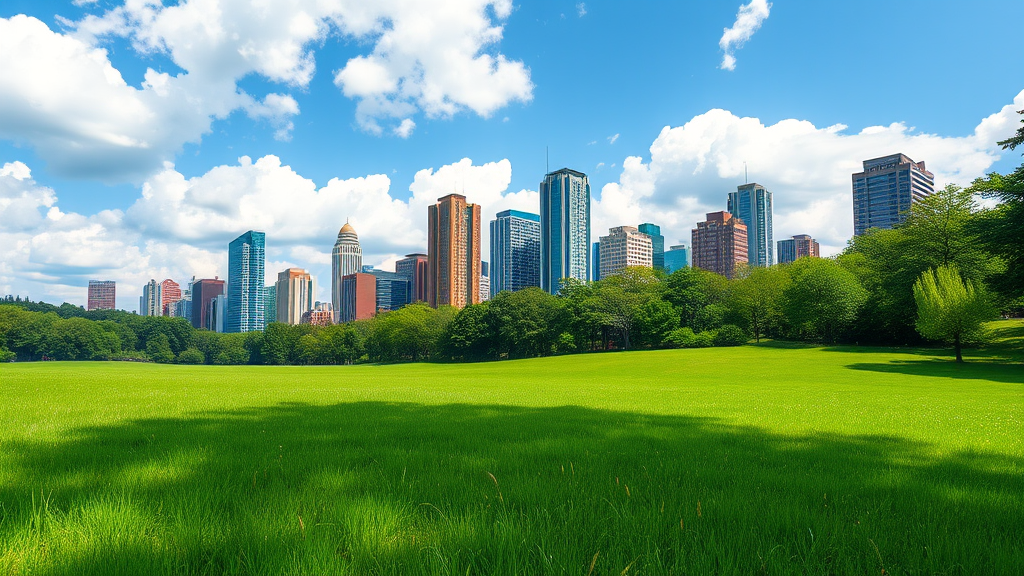 a green grassy field with tall buildings in the background and clouds in the sky, Jung Park, shutterstock, grass field surrounding the city, sunny park background, park background, blue sky and green grassland, green spaces, park landscape, forest setting with skyscrapers