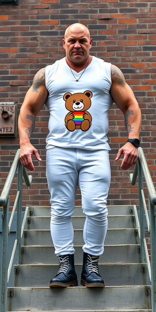 A towering, muscular 60-year-old skinhead bodybuilder stands confidently on concrete stairs, his gleaming bald head contrasting with his light skin. Clad in a striking white t-shirt with a logo of a stuffed teddy bear holding a gay flag, tattooed arms flex beneath the sleeveless fabric. Tight bleached denim trousers highlight his powerful legs, complemented by knee-high Dr. Martens boots with white laces. The rugged brick wall and metal handrails create an industrial backdrop, enhancing the imposing presence of this behemoth. - Image