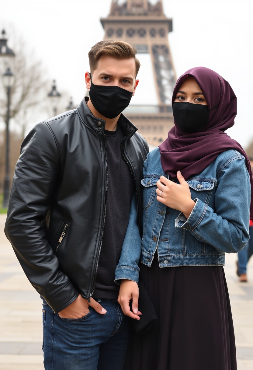 Jamie Dornan, handsome, black face mask, black leather jacket, jeans, dating, love couple with the biggest hijab Muslim girl, beautiful eyes, black face mask, denim jacket, largest skirt, wedding rings, Eiffel Tower, realistic, street photography.