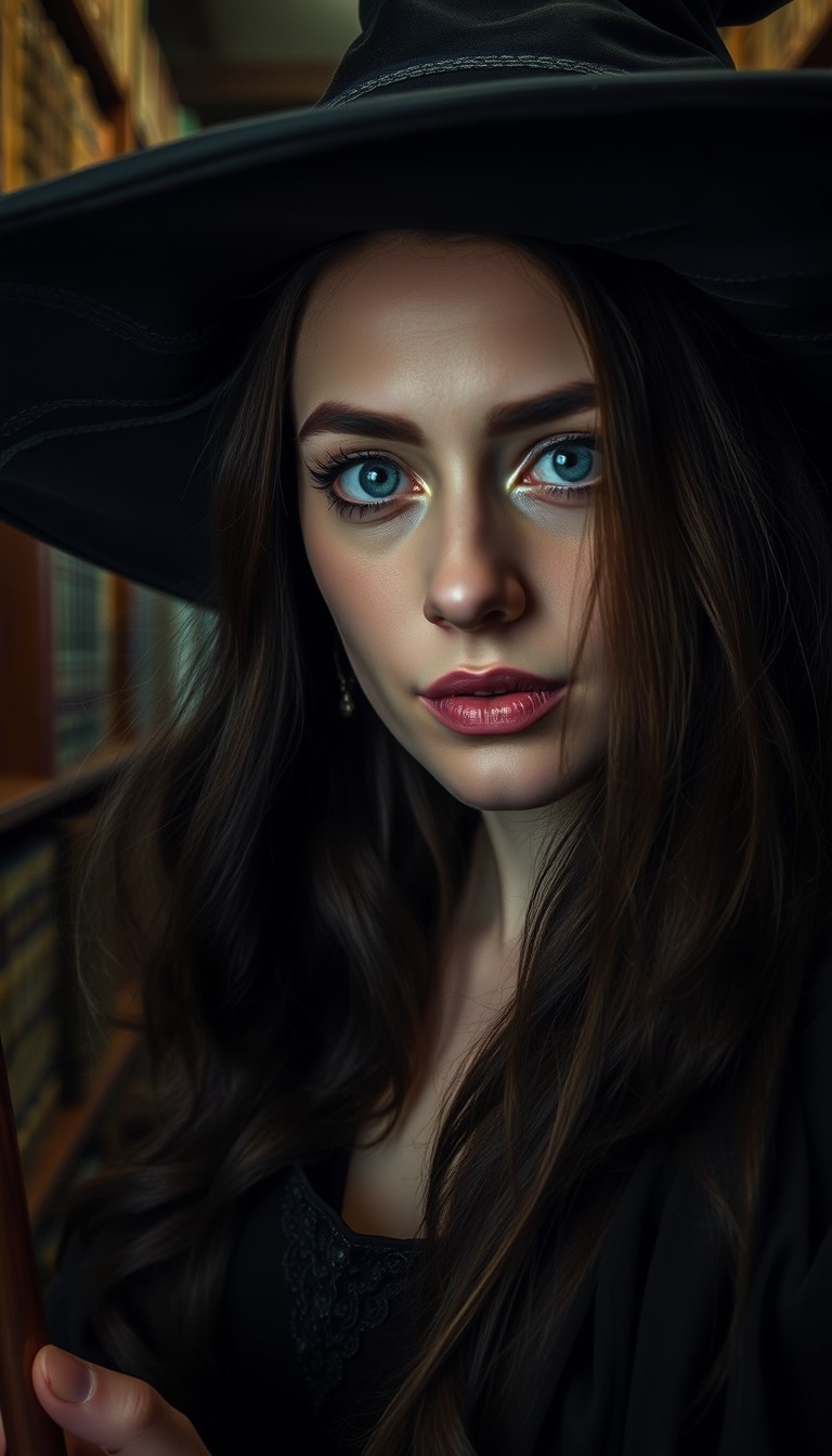 Closeup photo of a beautiful witch in a dark library.