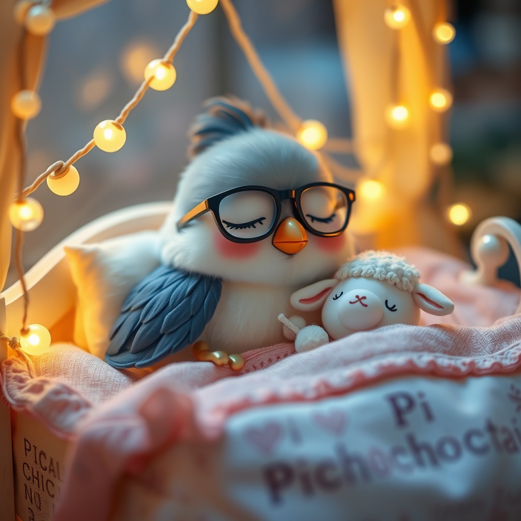 It is night. A sweet, delicate, cute Kawaii little bird with a small, rounded beak is wearing glasses and is deeply asleep in its precious little bed with tiny bells, ruffles, soft lights, and childlike details that have the name PICHONCITA written on it, cuddled up with a tiny, charming plush sheep. - Image