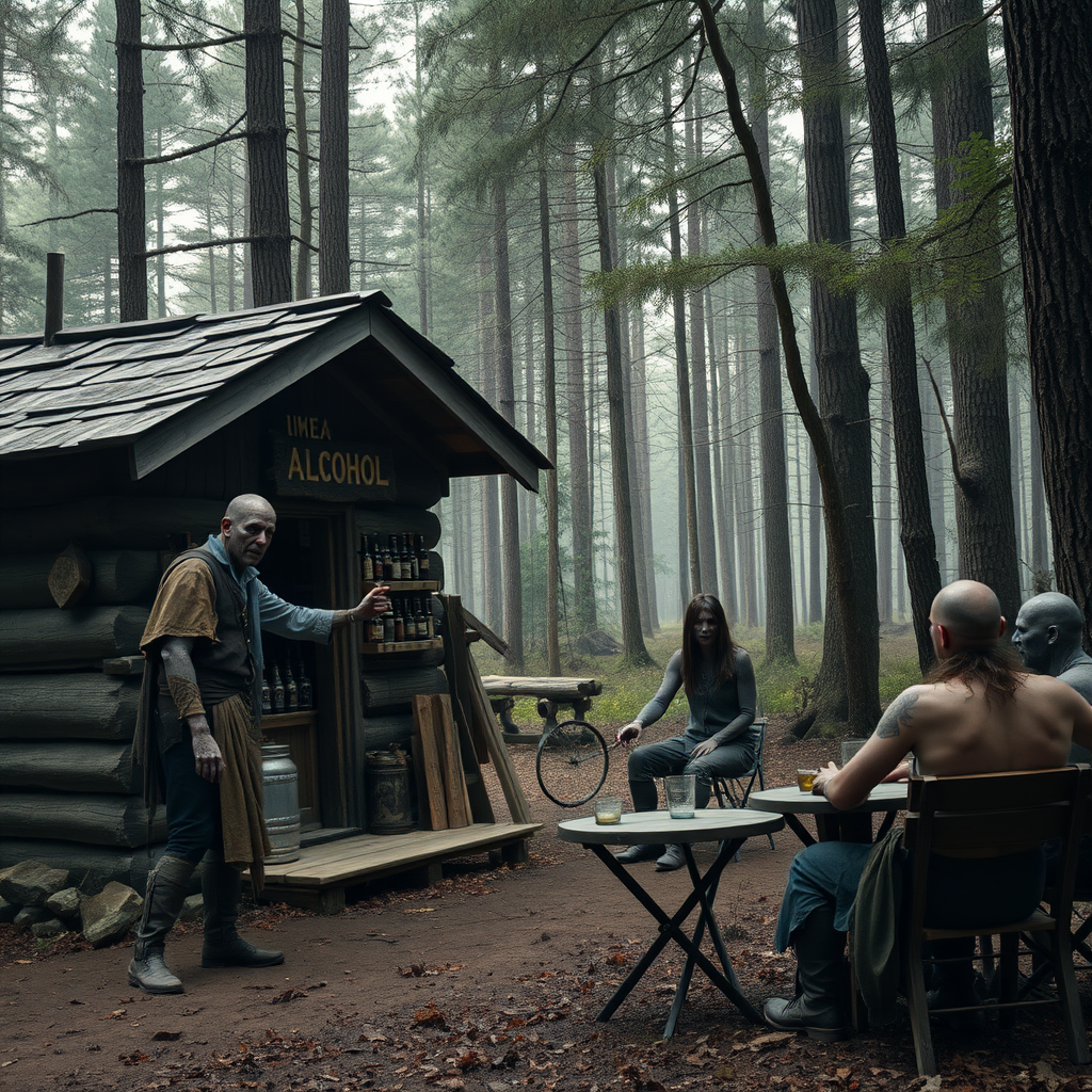 Real-life photography, wide shot: In the forest, there is a wooden cabin selling alcohol, and a dressed zombie comes to buy some. Next to the cabin, there are tables and chairs, with zombies sitting and drinking. A female barbarian is selling the alcohol.