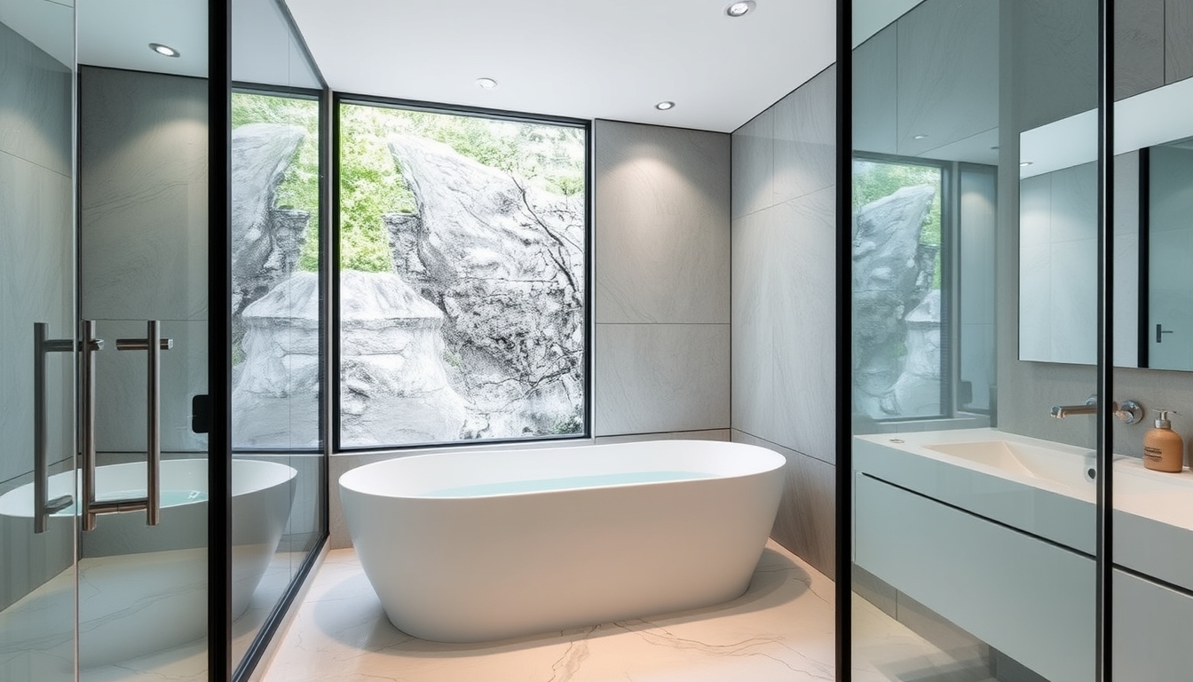 A sleek modern bathroom with glass walls and a luxurious soaking tub. - Image