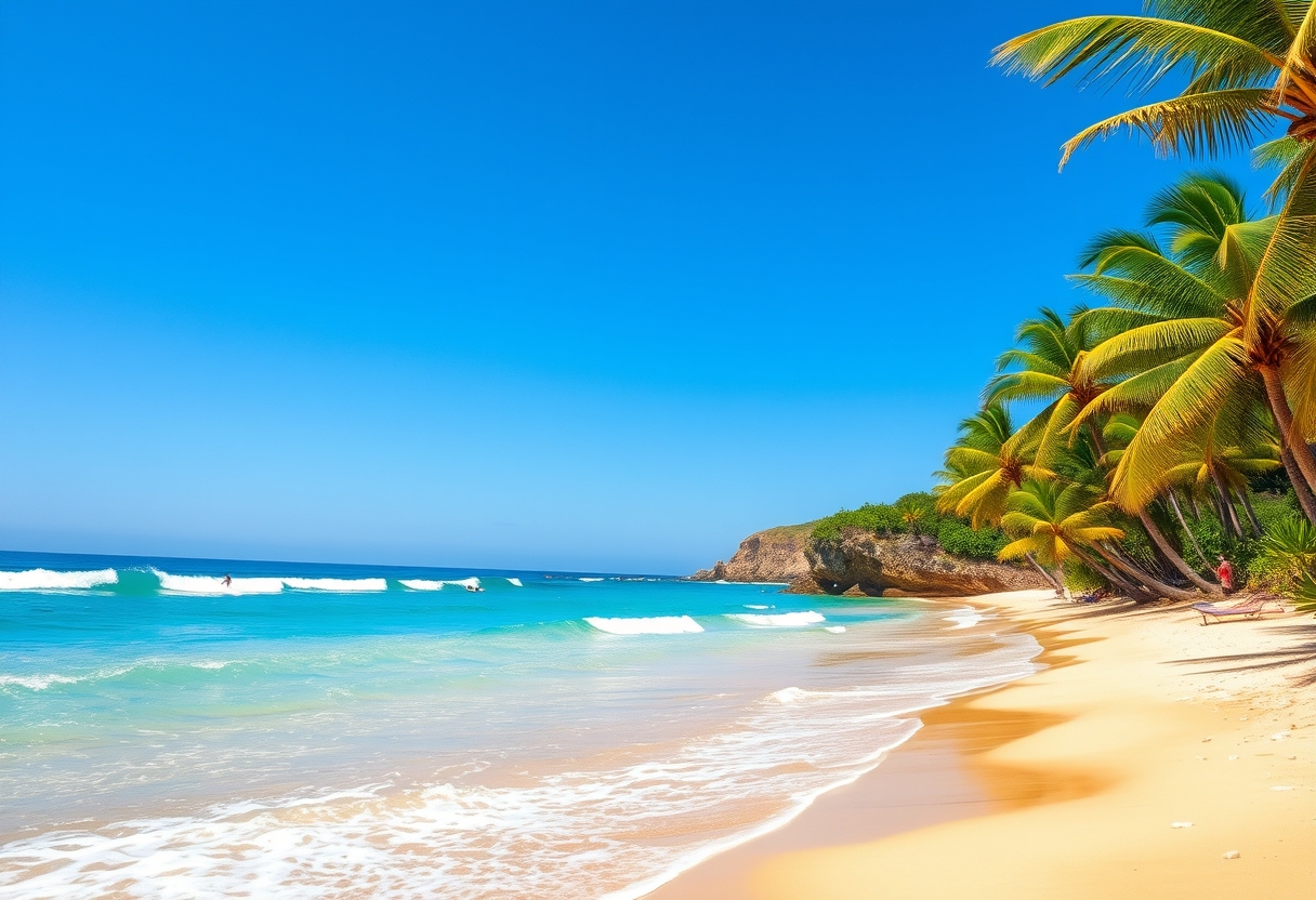 Golden, sandy beaches, turquoise waters, palm trees, exotic, tropical paradise, high quality, clear blue sky, pristine, seashells, hammock, peaceful, tranquil, vacation getaway, coastal surfing, breaking waves, surfers, vibrant, energetic, sunshine, sand dunes, coastal cliffs. - Image