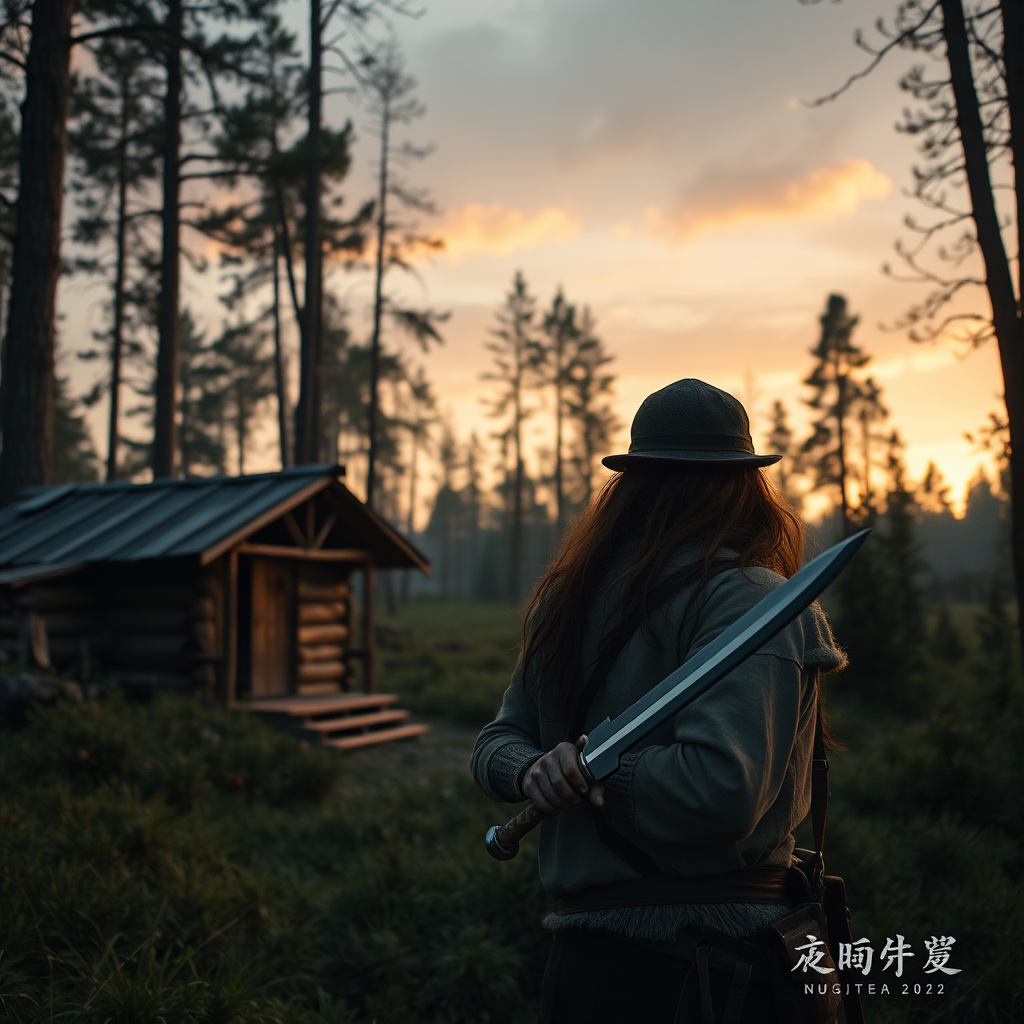 Real-life photography: In the evening, in the forest, there is a wooden cabin, and not far away, a female barbarian is holding a dagger. In the distance, there is a dressed zombie wearing a hat, and she is watching the zombie. There are Chinese characters or Japanese characters.