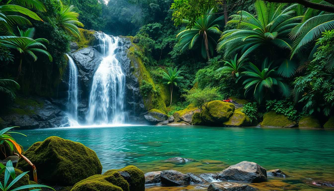 rfall, cascading, clear water, lush greenery, high quality, photorealistic, hidden oasis, serene, rainforest, breathtaking, secluded::0.8 moss-covered rocks, tropical plants, natural pools, jungle trails, mist - Image