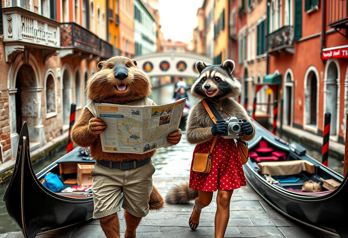 Create a charming scene where a beaver guy dressed in shorts and a t-shirt and a raccoon girl, dressed as tourists, are both smiling, casually strolling through the picturesque streets of Venice. The beaver should hold a map, eagerly pointing out landmarks, and the raccoon should carry a small camera, filming their adventures. The duo should look cheerful and curious, enjoying their whimsical journey together. Surround them with iconic Venetian elements such as gondolas, ancient bridges, and charming canals. The vibrant colors of the historic buildings should complement the lively atmosphere. This photo should evoke a sense of wonder, camaraderie, and playful exploration in one of the most beautiful cities in the world. Photorealism.