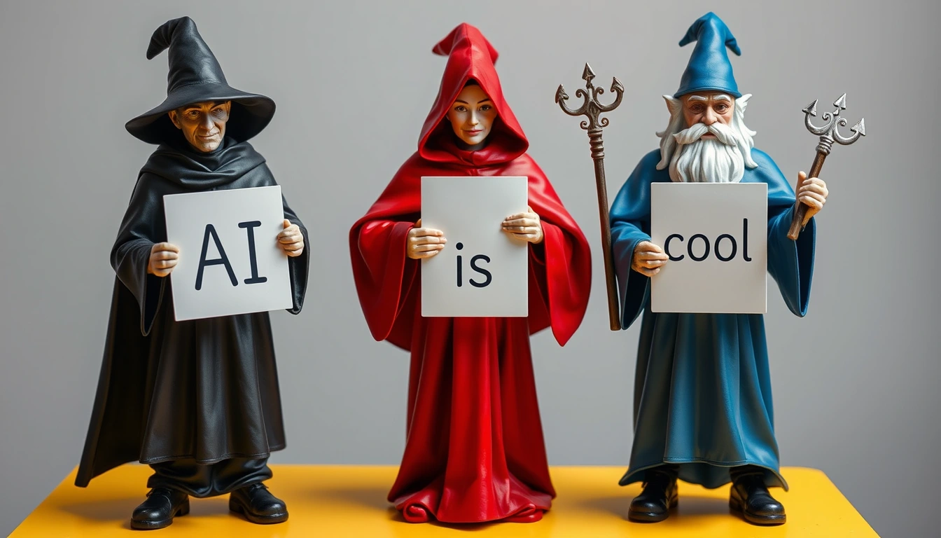 Three magical wizards standing on a yellow table, each holding a sign. On the left, a wizard in black robes holds a sign that says ‘AI’; in the middle, a witch in red robes holds a sign that says ‘is’; and on the right, a wizard in blue robes holds a sign that says ‘cool’.