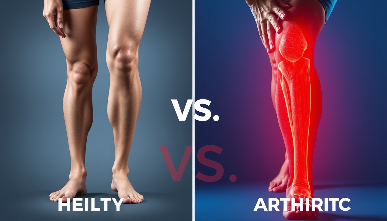 Vibrant image of healthy vs arthritic knees, symbolizing resilience, healthy knees, arthritic discomfort, resilience, struggle. - Image