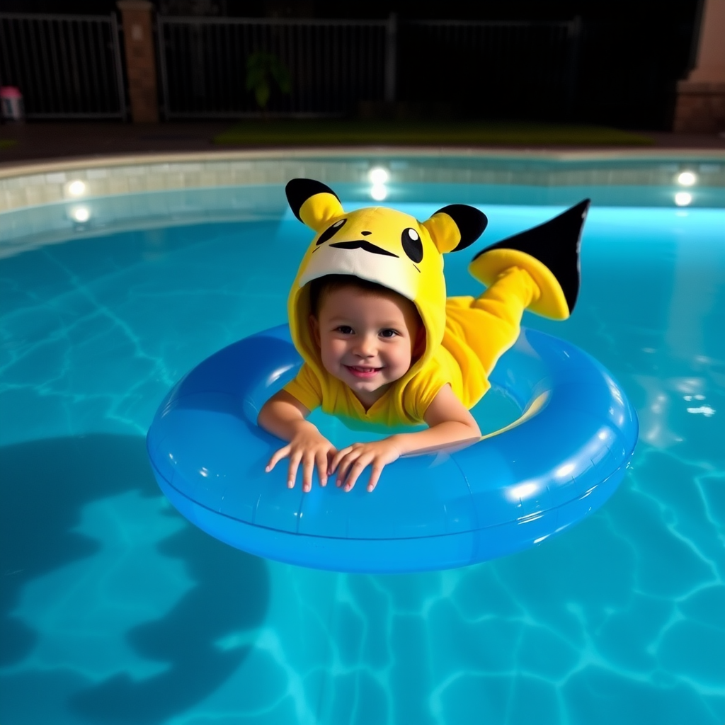 A child in a Pokémon costume, lying on a blue transparent inflatable ring in the home pool, at night with pool lights. - Image