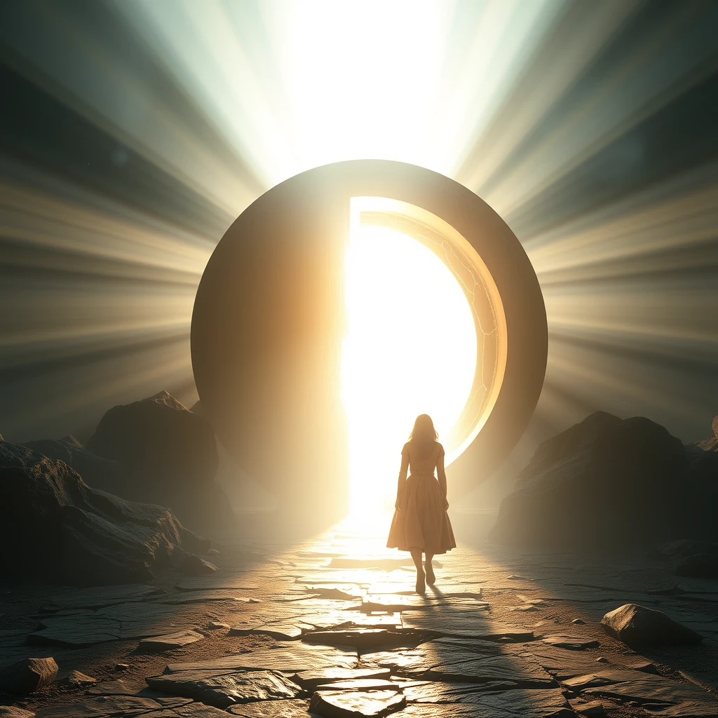 "When she stepped into the portal, the light completely enveloped her. Picas style, 3D rendering, ultra-high definition picture quality, 38k, - niji 6."