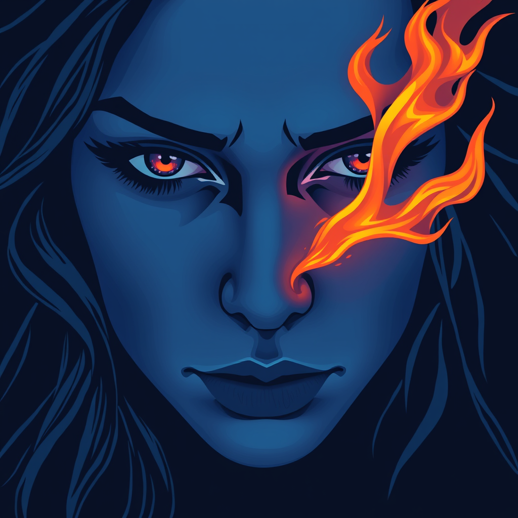 A tee shirt design of a close-up of a woman's face, inspired by the sun. Her expression is deep and soulful, reflecting both passion and sadness. Her eyes are intense and filled with emotion. The color palette is cool, featuring deep blues and purples, with a hint of warmth in her eyes. Whipping flames accent her face, blending seamlessly into the background, creating a contrast between the cool and warm tones. The overall feel is a harmonious blend of passion and melancholy, embodying the soulful essence of the sun. Transparent background.