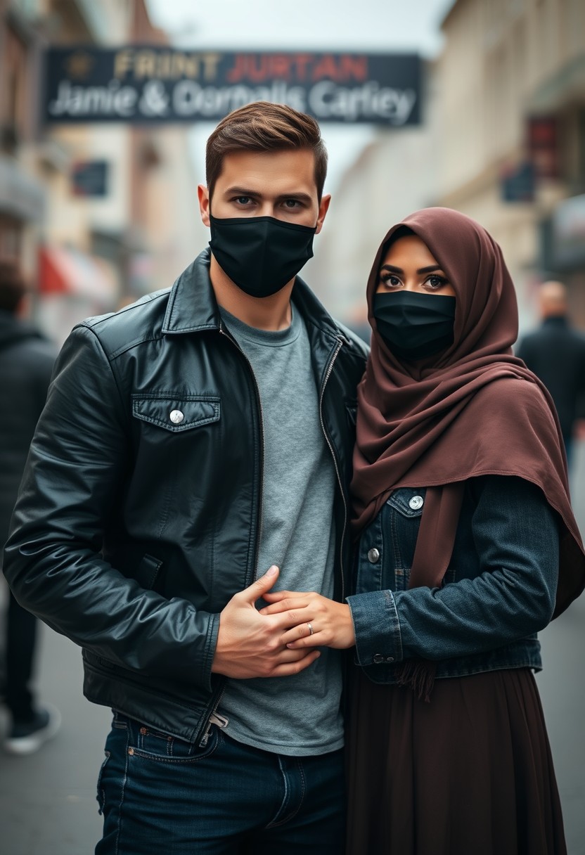 Jamie Dornan, handsome, black face mask, black leather jacket, jeans, dating, love couple with the biggest hijab Muslim girl, beautiful eyes, black face mask, jeans jacket, biggest skirt, wedding rings, gloomy scenery, realistic, street photography. - Image