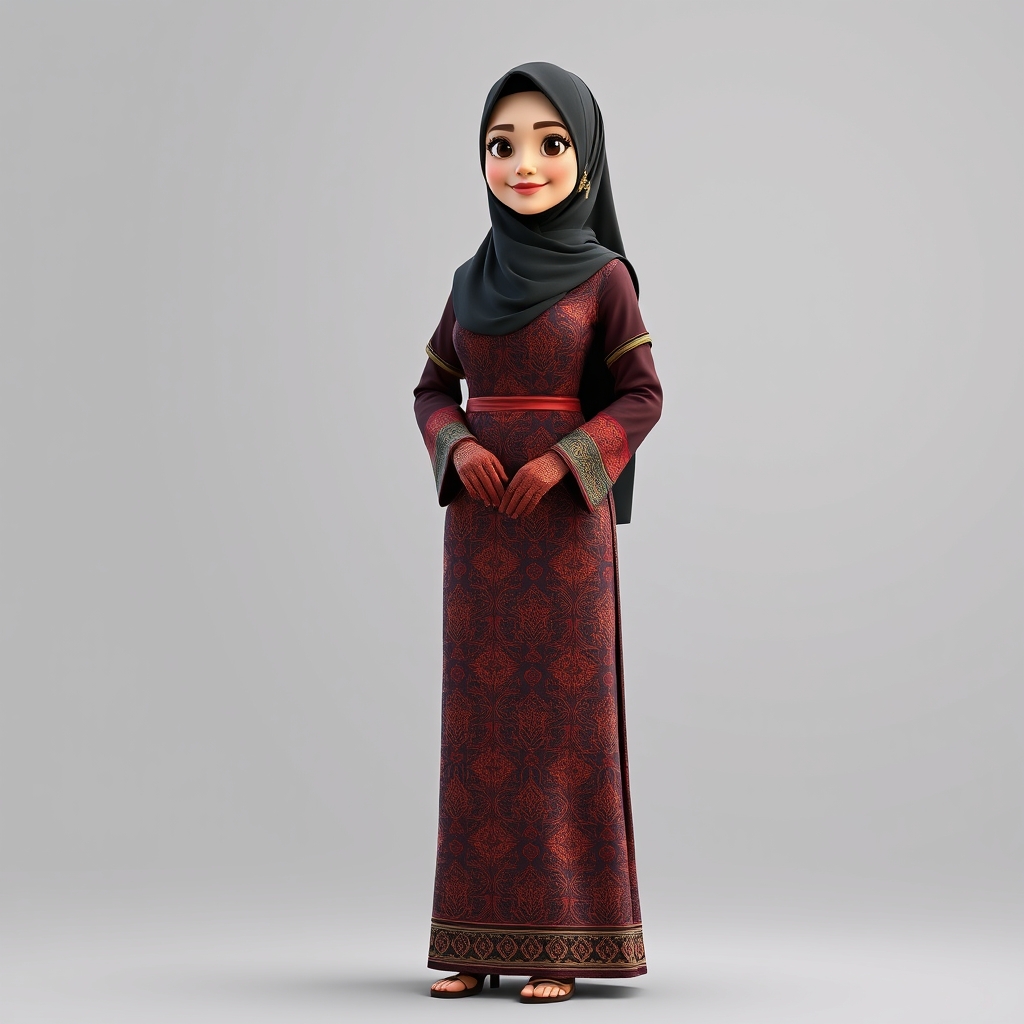 Create a 3D, 8K animated cartoon of a Muslim woman from Palembang wearing a long traditional songket dress. She should have her hands covered with batik gloves. The image should capture the elegance and cultural richness of the attire.