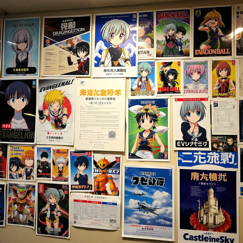 A wall covered with many posters, featuring famous anime characters like Rei Ayanami, posters of Neon Genesis Evangelion, Dragon Ball, Asuka, and posters of Castle in the Sky, with Chinese characters.