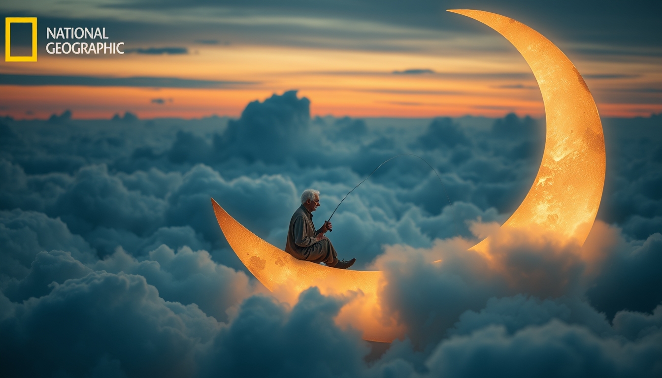 An old man sits serenely on a crescent moon, fishing among the clouds. The scene has an evening, tranquil atmosphere. It’s dreamy and whimsical. Deep depth of field, photography, National Geographic photo, hyper-realistic, 16k resolution, masterpiece, award-winning artwork, many details, extremely detailed, full of details, wide range of colors, high dynamic.