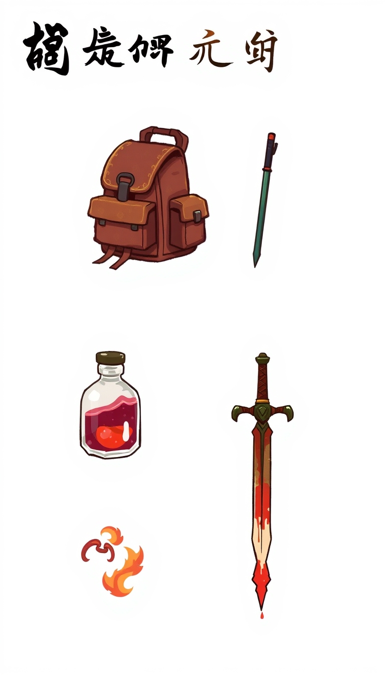 Design a set of game feature icons that blend Chinese ancient style with realism, ensuring the icons are clear and detailed in 8K resolution. Use a colorful ink wash painting style with detailed coloring, hand-drawn bold outlines, and a cute graphic novel aesthetic. Include icons for ancient backpack, potion bottle, elixir, and a bloodied sword. - Image