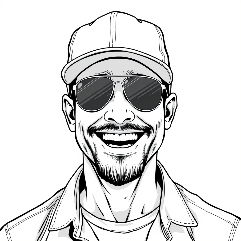 A cool black and white line drawing of a man around 35 years old, wearing a baseball cap, Asian, with aviator sunglasses, a bit of beard, a tough guy, wearing a shirt, with a full, well-defined face, a strong physique, clean and fresh skin, laughing joyfully after winning.