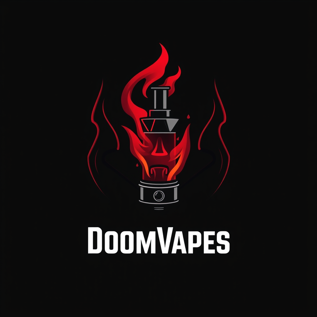 Sleek, logo design for DoomVapes featuring a stylized vape tank engulfed in ethereal, crimson flames. blend with modern simplicity. Geometric shapes evoke demonic symbolism. Bold, sans-serif typography in obsidian black.