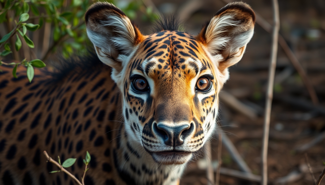 A stunning portrait of an endangered animal in its natural habitat, with a focus on its expressive eyes and the surrounding environment. - Image