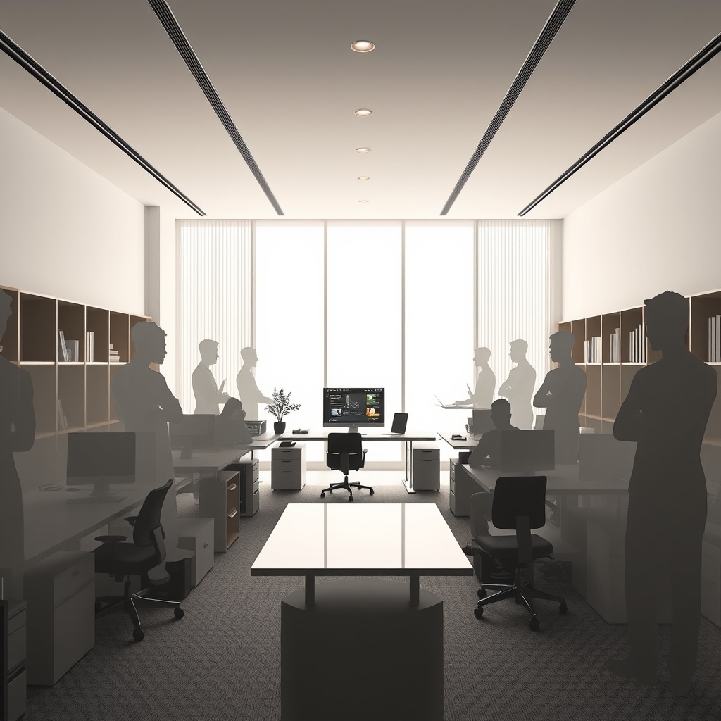 Modern minimalist office, centered designer at computer, surrounded by translucent silhouettes working, clean lines, muted colors, soft lighting, wide angle view, photorealistic style.