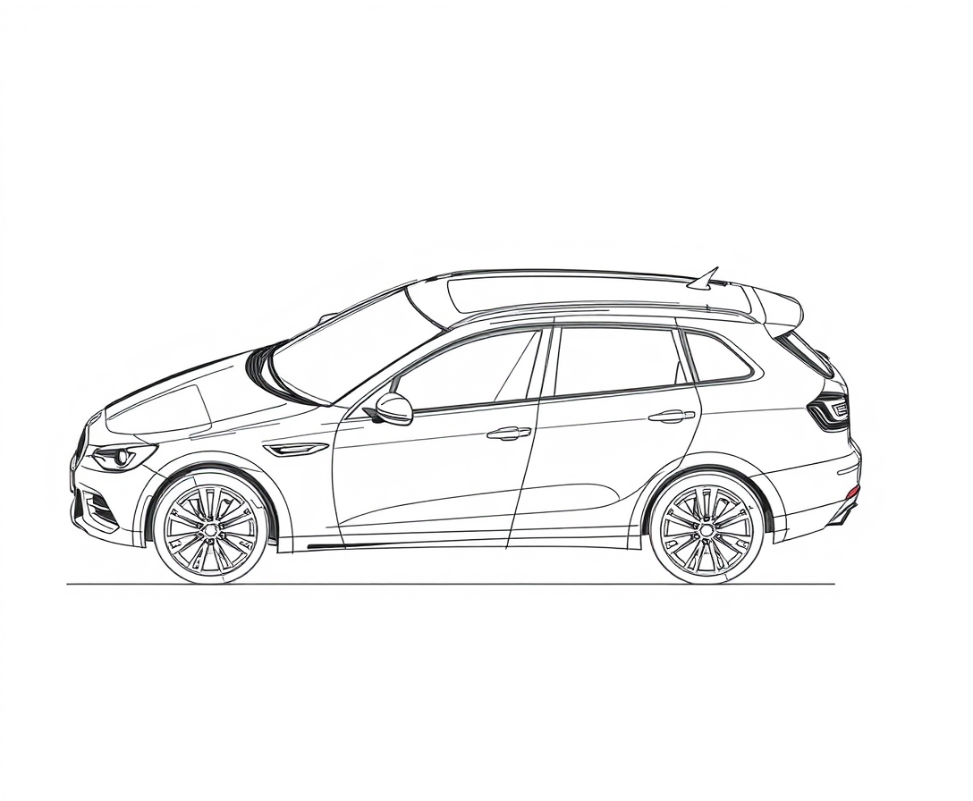 Create a single precise and detailed black and white sketch of a car's exterior and interior design, suitable for patent documentation. The sketch should include:

Exterior Design:
Front View:

Include the shape and design of the front grille, headlights, bumper, and hood.
Side View:

Show the car's profile, including the doors, windows, wheel arches, and side mirrors.
Rear View:

Illustrate the design of the rear bumper, taillights, and trunk.
Top View:

Provide a bird’s-eye view of the roof, including the placement of any antennas or roof rails.
Wheel Design:

Detail the wheel rims and tires from different angles if applicable.