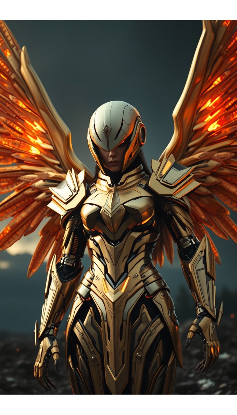 Cinematic shot of a cyborg female battle angel rising from ashes, golden regal Valkyrie armor, full smooth helmet, futuristic, standing on a battlefield, movie scene, film grain, realistic, shot from below, dark lighting.