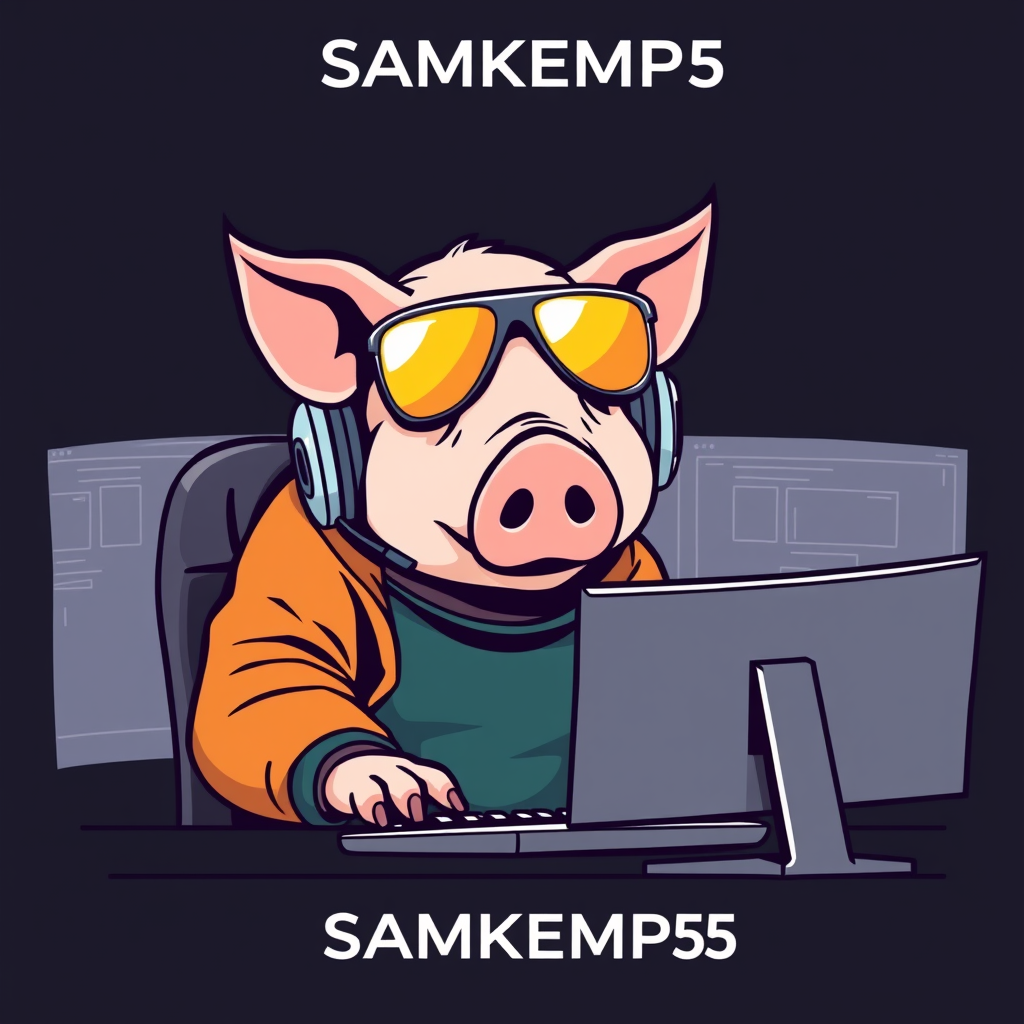 A tech-savvy porcine coder, donning retro yellow-tinted aviators and sleek noise-cancelling headphones, hunches over a cutting-edge curved multi-monitor setup. The anthropomorphic pig exudes focus, typing furiously. Design a minimalist logo for "SAMKEMP55", emphasizing clean lines and a futuristic feel. - Image