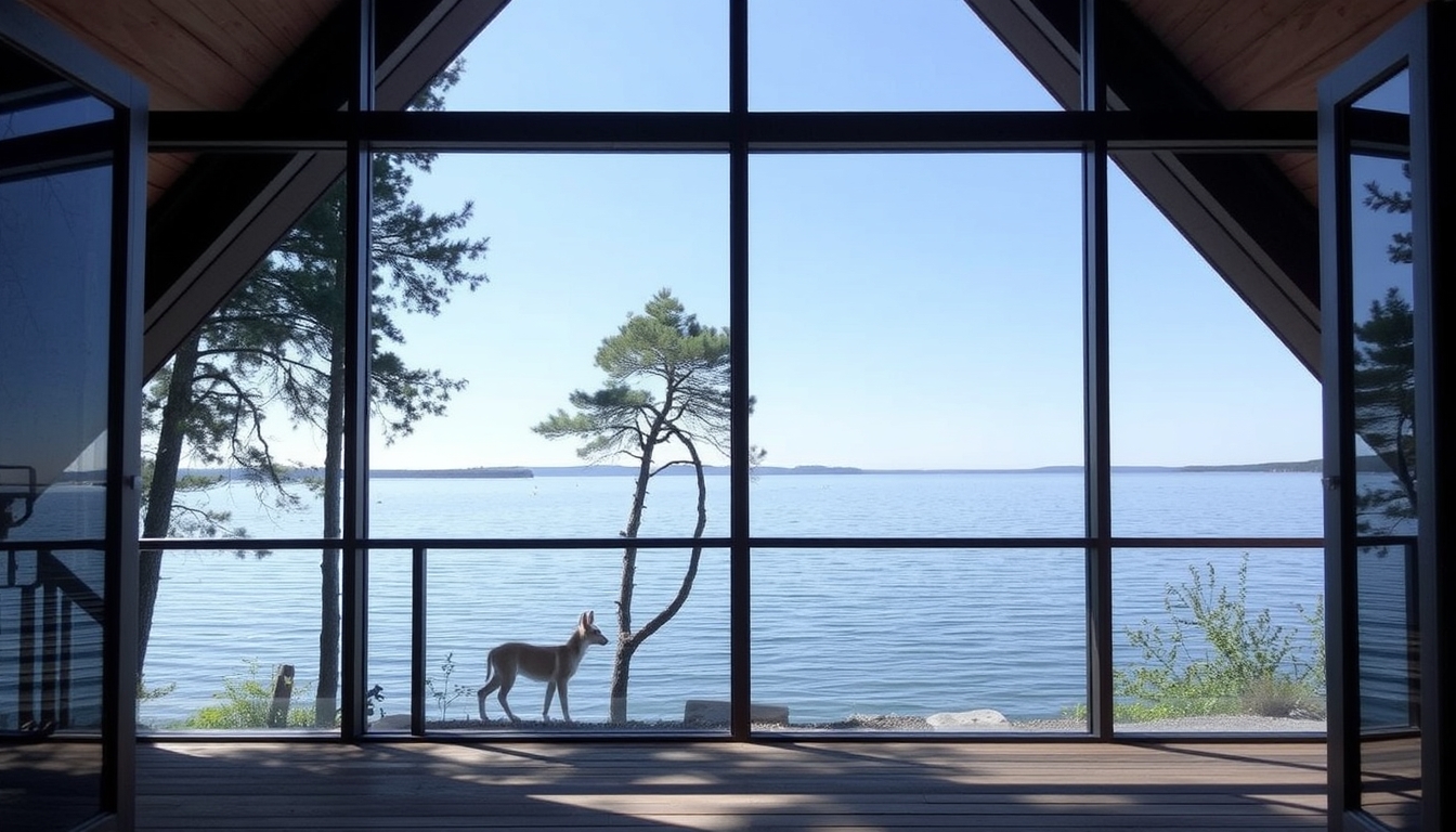 A serene lakeside cabin with a glass front, offering an unobstructed view of the water.