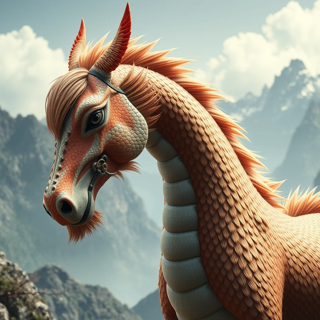 "(ultra realistic) an oriental dragon combined with a hairy horse body, in a China mountain background."