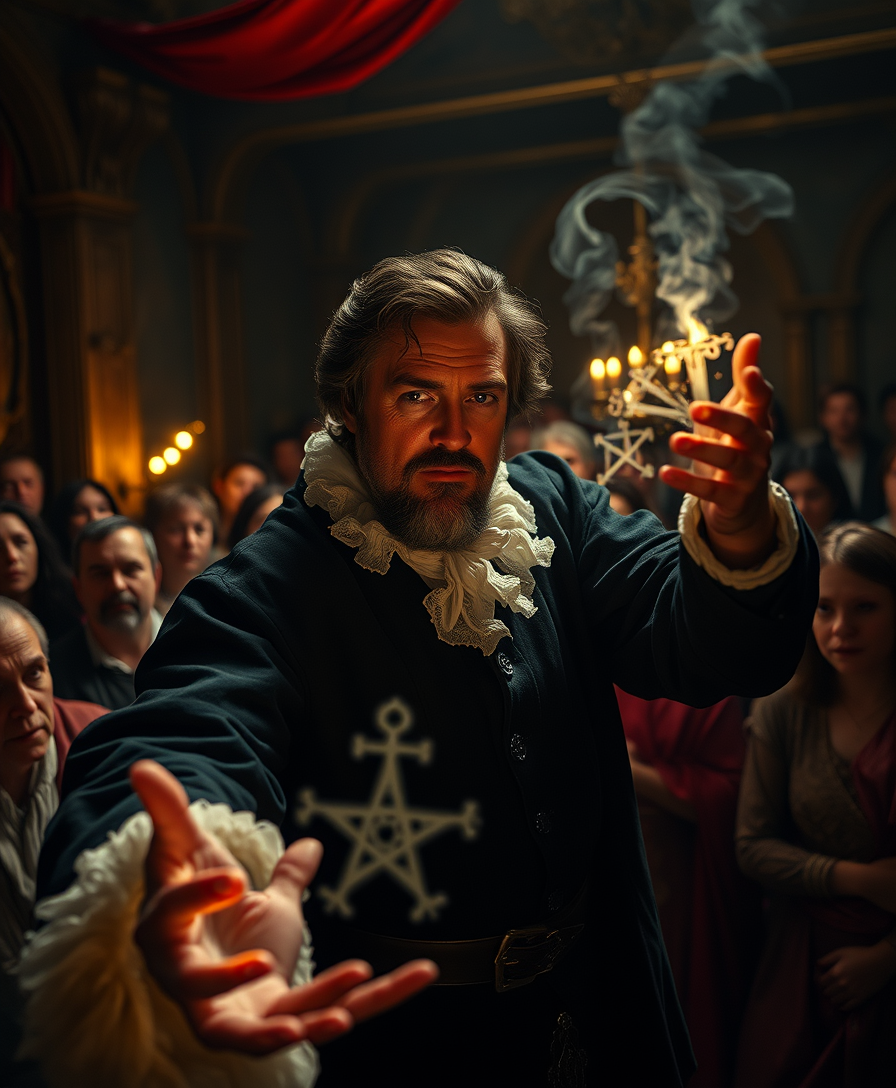 Photorealistic, cinematic scene of Simon the Magician performing his sorcery in front of a captivated crowd, his expression confident and commanding. The atmosphere is mystical and intense, highlighting his influence and the awe of the people. Realistic textures, style Renaissance painting, cinematic hyper-realistic, chiaroscuro lighting, wide angle.