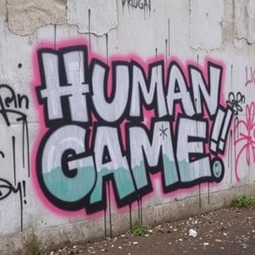 "HUMAN GAME!!!! 
SO COOOOOL!!!!
PLAY NOW!!!!" 
Magic graffiti, not wall - Image