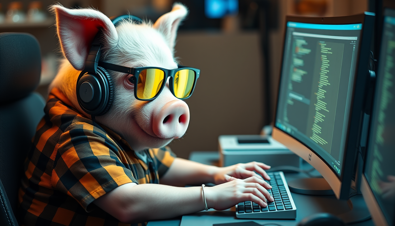 A tech-savvy porcine coder, donning yellow-tinted glasses and sleek noise-cancelling headphones, hunches over a cutting-edge multi-monitor setup. The anthropomorphic pig exudes focus, typing furiously. Wearing a plaid t-shirt. - Image