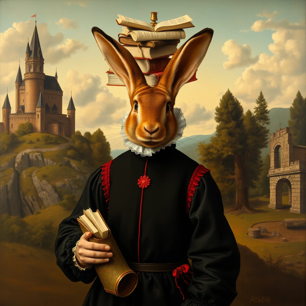 The painting is a surreal portrait that combines very interesting elements. The figure is wearing a Renaissance costume and has a rabbit head. The rabbit's head is large for its body, has large ears, and stands upright, and its face is depicted very realistically. It looks like a stack of candlesticks, open books, and other unclear objects are overhead. The figure is wearing colorful black clothing, and there is a red decoration on his chest. A cylindrical container with red details is attached to his waist.

There are elements in the background that are reminiscent of old European landscapes. On one side is a castle on a hill, and on the other is a ruin or old structure among trees. The sky has clouds that suggest dawn or dusk due to its soft lighting. - Image