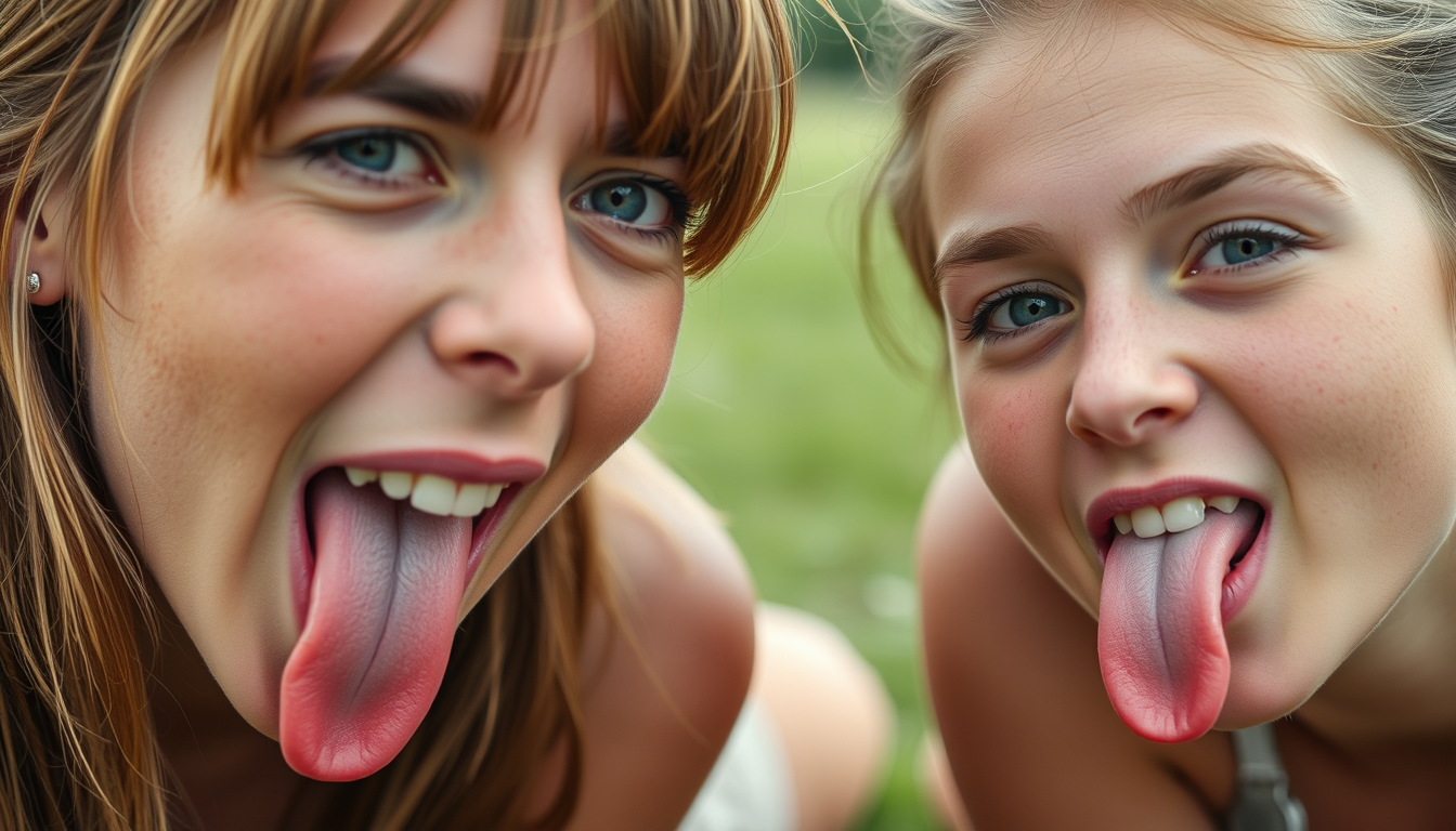 Two young women sticking their tongues out playfully, kneeling, close up, freckled faces.