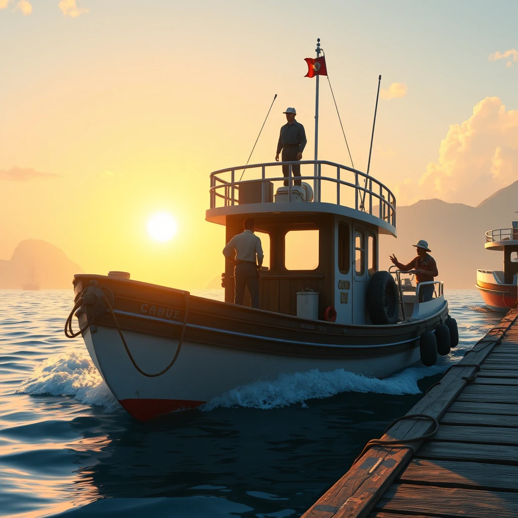 Pixar style, The morning sun bathes the dock in its gentle light, where a small boat quietly rests at its berth. The crew members are busily preparing for the voyage, their movements precise and powerful, each action a testament to their respect for the sea and their skilled craftsmanship. The captain, standing strong at the prow, fixes his determined gaze upon the horizon. As the engine roars to life, the boat slowly departs the dock, setting its course for the distant Cheung Chau Island. The sea breeze is fierce, filling the sails and propelling the vessel forward with steady resolve through the waves. This may be a simple journey, but it is filled with the spirit of exploring the unknown and a profound respect for the natural world.Cheung Chau Island HongKong, high-definition. - Image