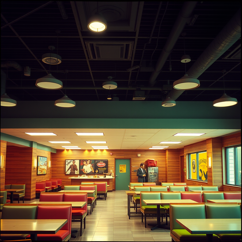 interior, company cafeteria, modern, wood panel, movie scene, colorful, 90s - Image