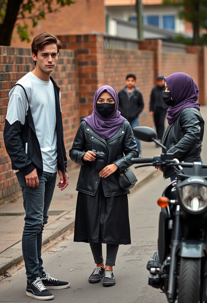 Jamie Dornan and Freddie Prinze, head and body shot, handsome, young, serious face, dark brown hair, white T-shirt, college jacket, skinny jeans, sneakers, standing, discussing with two guys and a Muslim girl wearing a short purple hijab, beautiful eyes, black face mask, black leather jacket, longest black leather skirt, holding a Canon DSLR camera, near a town road, superbike, hyper-realistic, street photography, brick wall, full body photo, three other random friends in the background. - Image