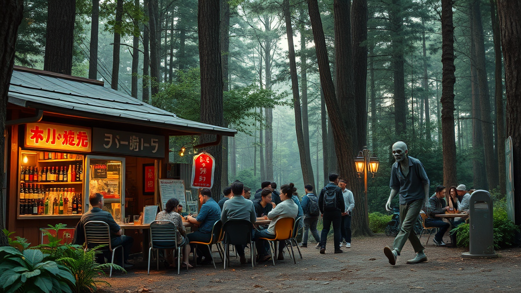 Real-life photography, wide shot: In the forest, there are two small shops selling alcohol, with tables and chairs set up outside, where many young men and women are drinking and chatting. A zombie (like the zombies from Plants vs. Zombies) walks by. There are Chinese letters or Japanese letters.