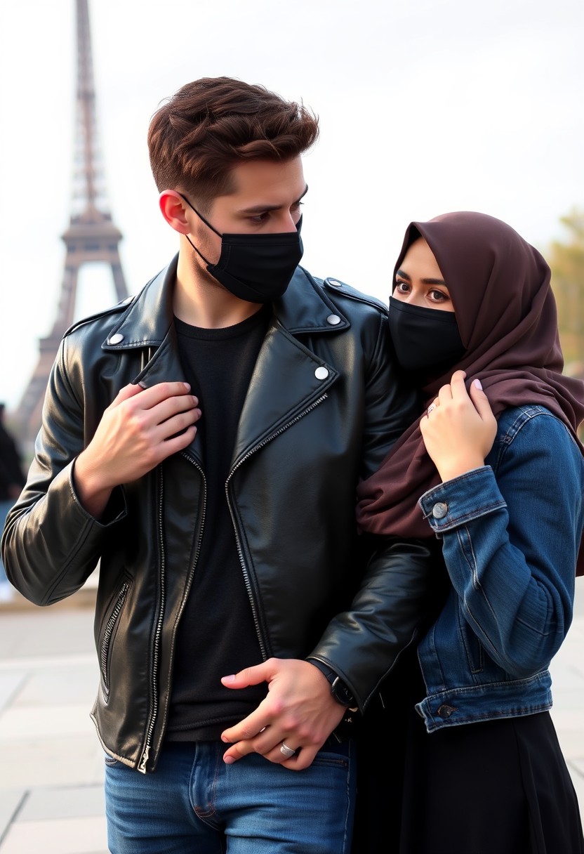 Jamie Dornan, handsome, black face mask, black leather jacket, jeans, dating, love couple with the biggest hijab Muslim girl, beautiful eyes, black face mask, jeans jacket, biggest skirt, wedding rings, Eiffel Tower, realistic, street photography.