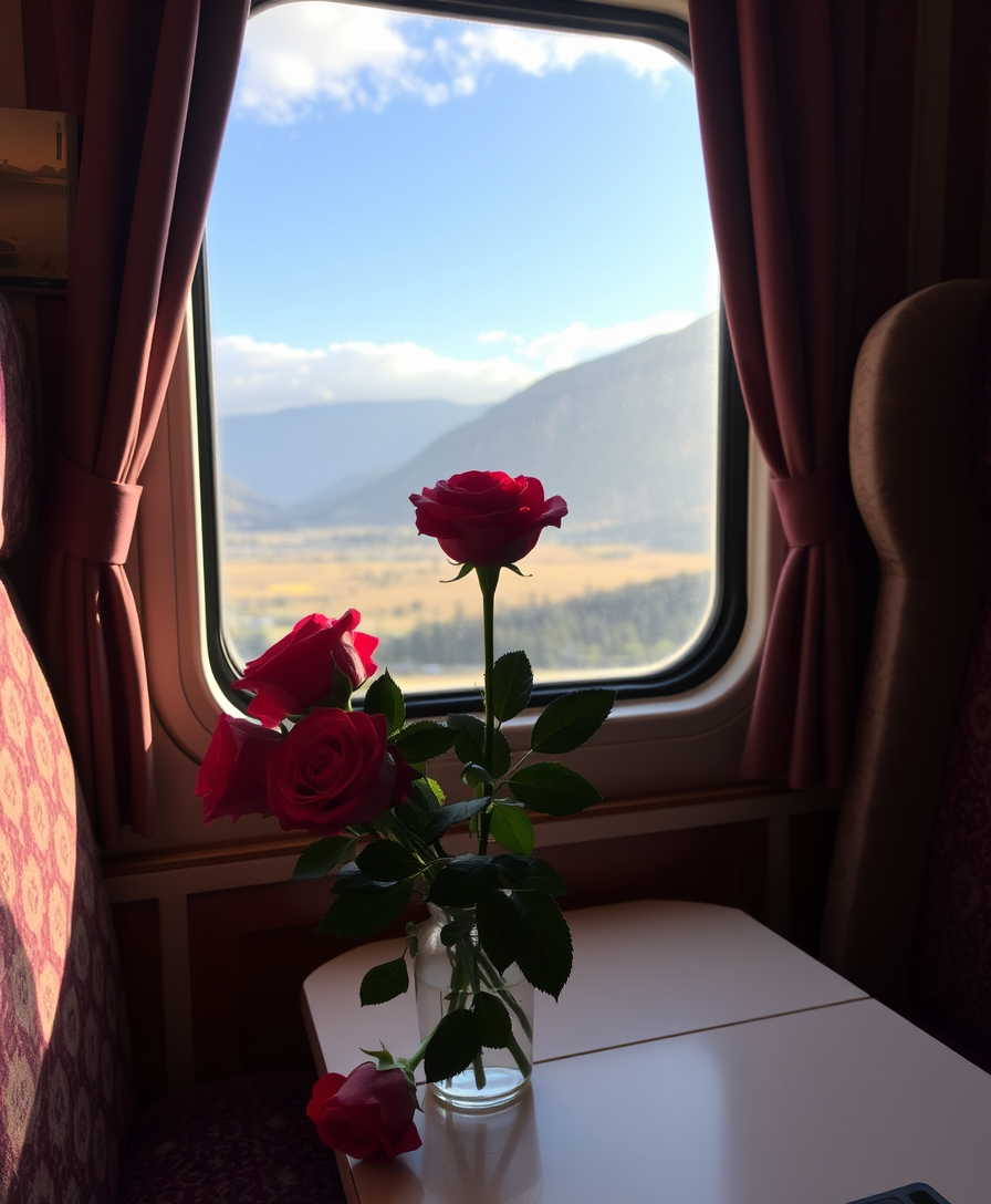 a cozy train compartment, A bouquet of roses sitting on a table, stunning view outside the window