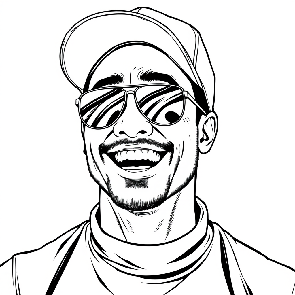 A cool black and white line drawing of a man around 35 years old, wearing a baseball cap, Asian, with aviator sunglasses, a bit of stubble, a tough guy look, a high-neck shirt, a full face with defined features, a sturdy physique, clean and fresh skin, laughing heartily after winning a victory. - Image