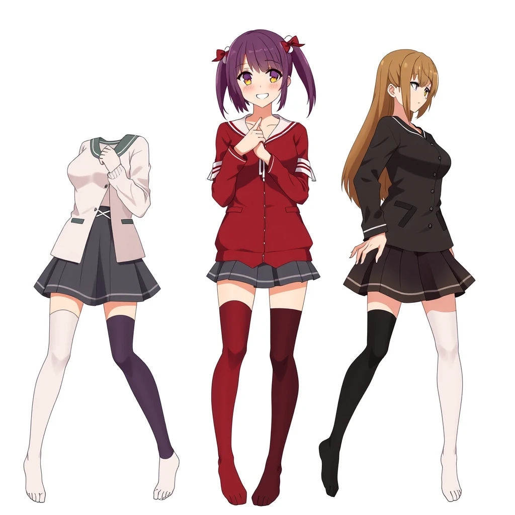 Japanese animation featuring three female characters aged 30 to 35, wearing white, red, and black stockings.